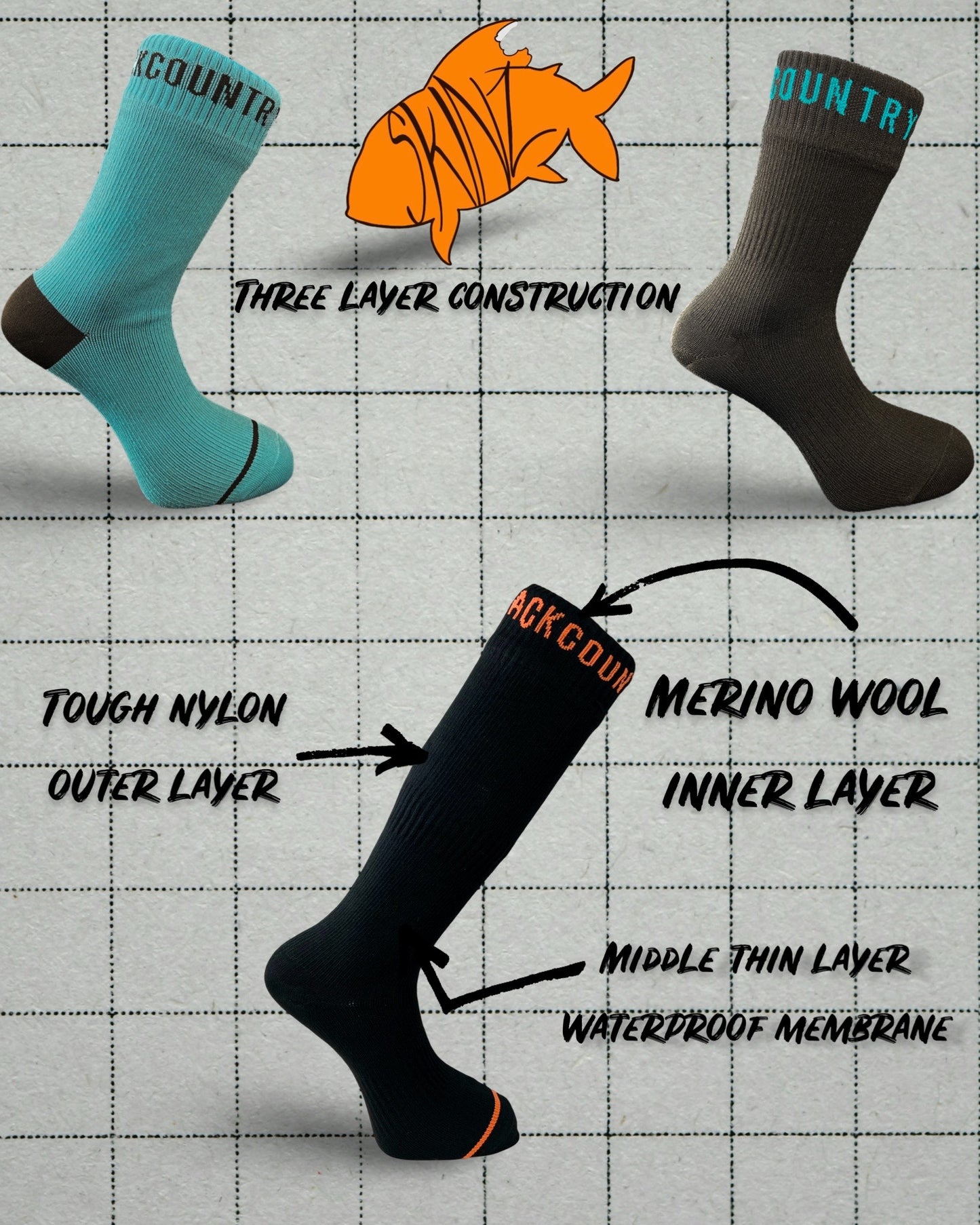 Backcountry Skinz Waterproof Mid Length Socks - BLACK